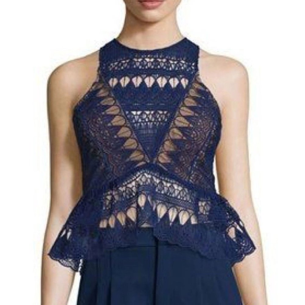 Self Portrait Blue Blouse Top Sheer Lace Cut Out Sleeveless Peplum 6